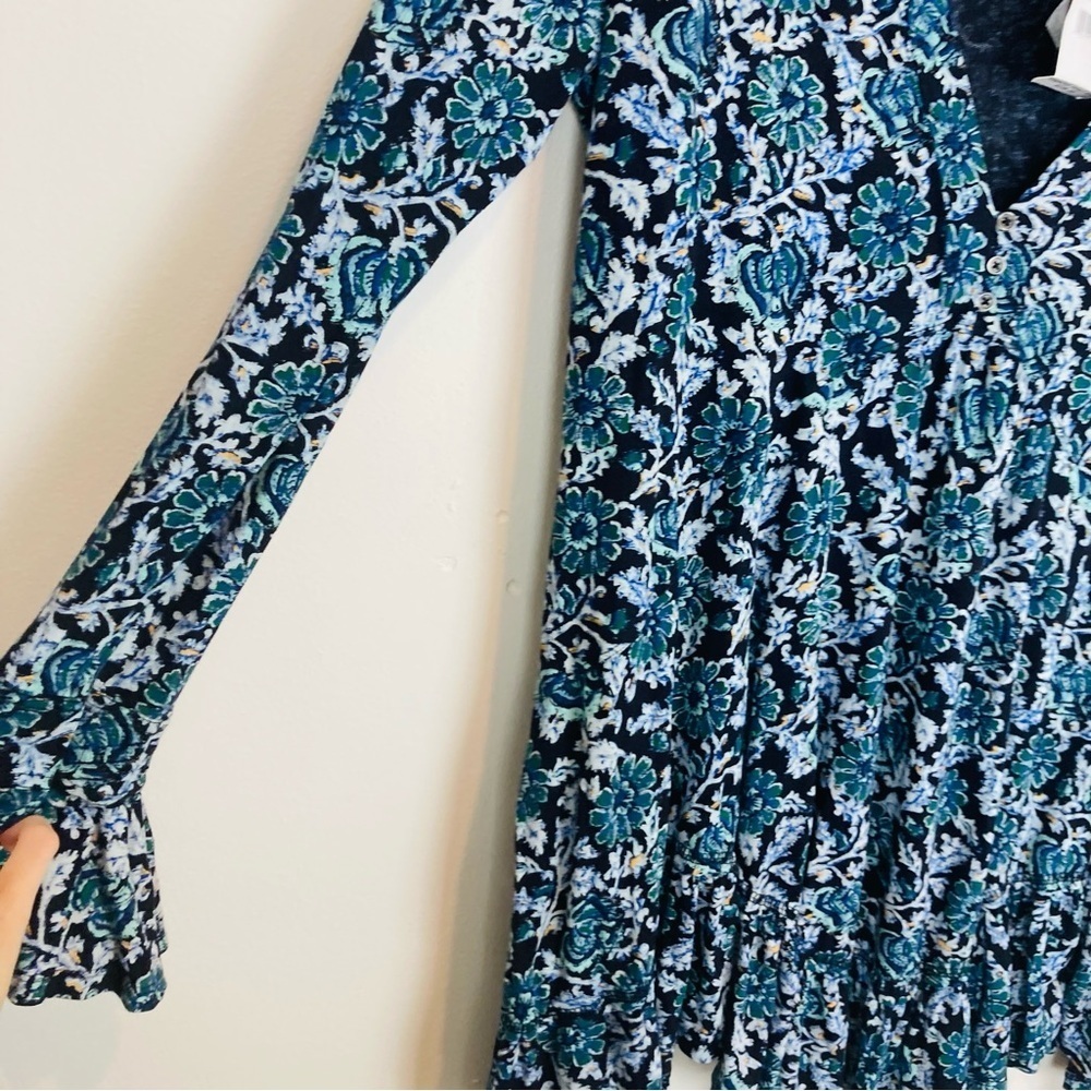 Free People NWT “Olivia” blue and green floral  print swingy tunic mini dress. M - Picture 5 of 8